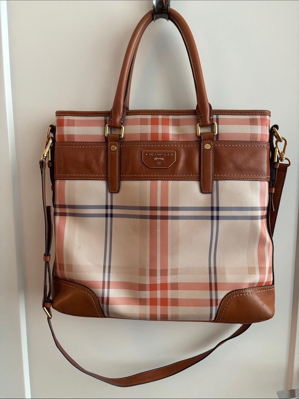 BEANPOLE Plaid Tote Top Handle Bag in Pink and Brown with Crossbody Leather